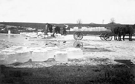 Denzer: Harvesting ice near Denzer during the early 1900's. Ice was stored in sheds, insulated with sawdust. During the summer m