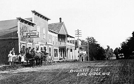 Lime Ridge: This 1908 photo highlights the business district of the village. Here depicted is the Meat Market and public telepho