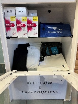 A view of the inside of the overdose prevention box. It includes Narcan, medication disposal kits, fentanyl test strips, xylazine test strips, and community resource kits.