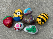 Rock painting! Painted rock designs: bee, minion, strawberry, crocodile, and tie dye splatters