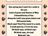 Written by Jacob L. One spring day I went for a walk in the sun. Leafs of green and flowers of May A beautiful day of fun. Along the trail I saw...