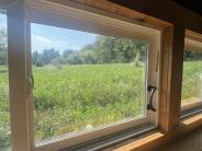A view from inside the blind looking over the countertop through a window to green grass