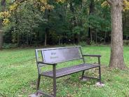 Metal bench beneath large tree with Man Mound and effigy mound shaped cut into back rest