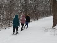 Three adults snowshoeing
