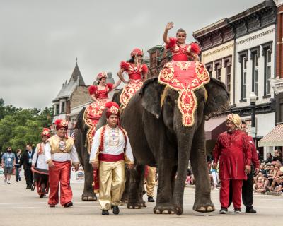 Elephants stroll downtown Baraboo at the Big Top Circus Parade which receives funding from a Sauk County Arts & Culture grant