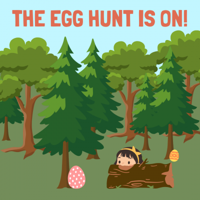 Cartoon forest with a large Easter egg at the bottom of a tree with a little girl crouched behind a log looking at it