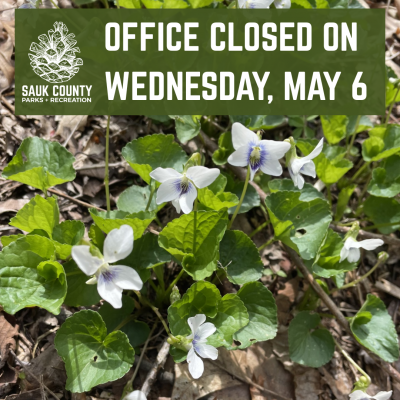 Office closed on Wednesday, May 6. Small flowers on the ground behind text