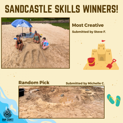 Sandcastle Skills event winners, one of a large deer outline made of sand, the other of a monster truck racetrack made of sand