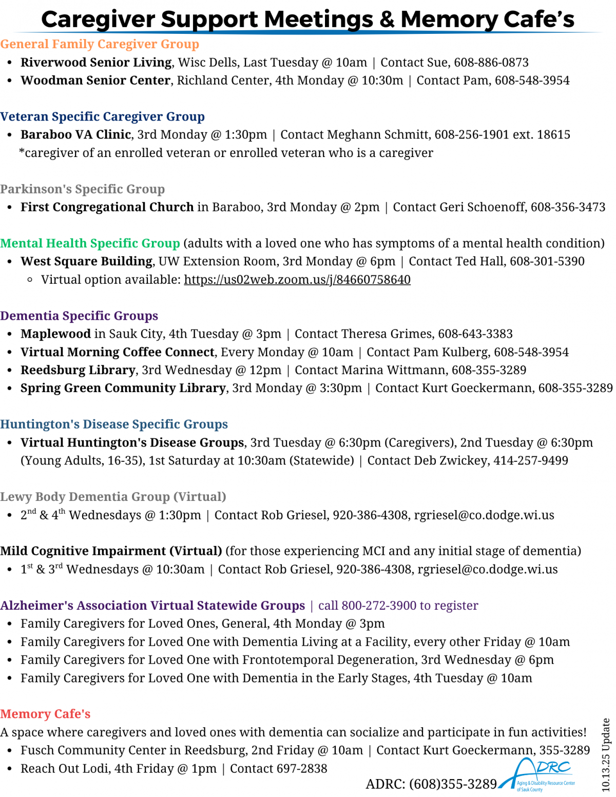 Caregiver support group listing