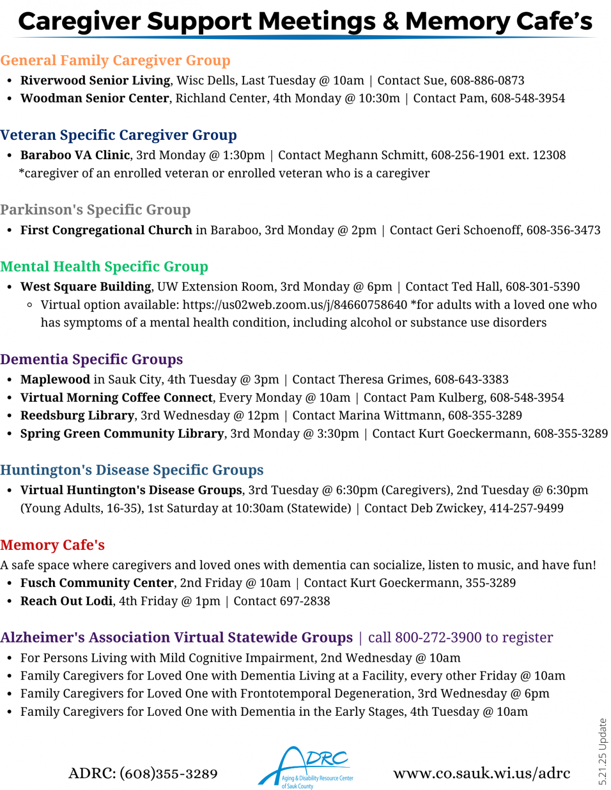Caregiver support group listing