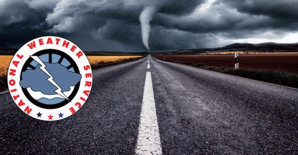 National Weather Service logo over highway with tornado in the background