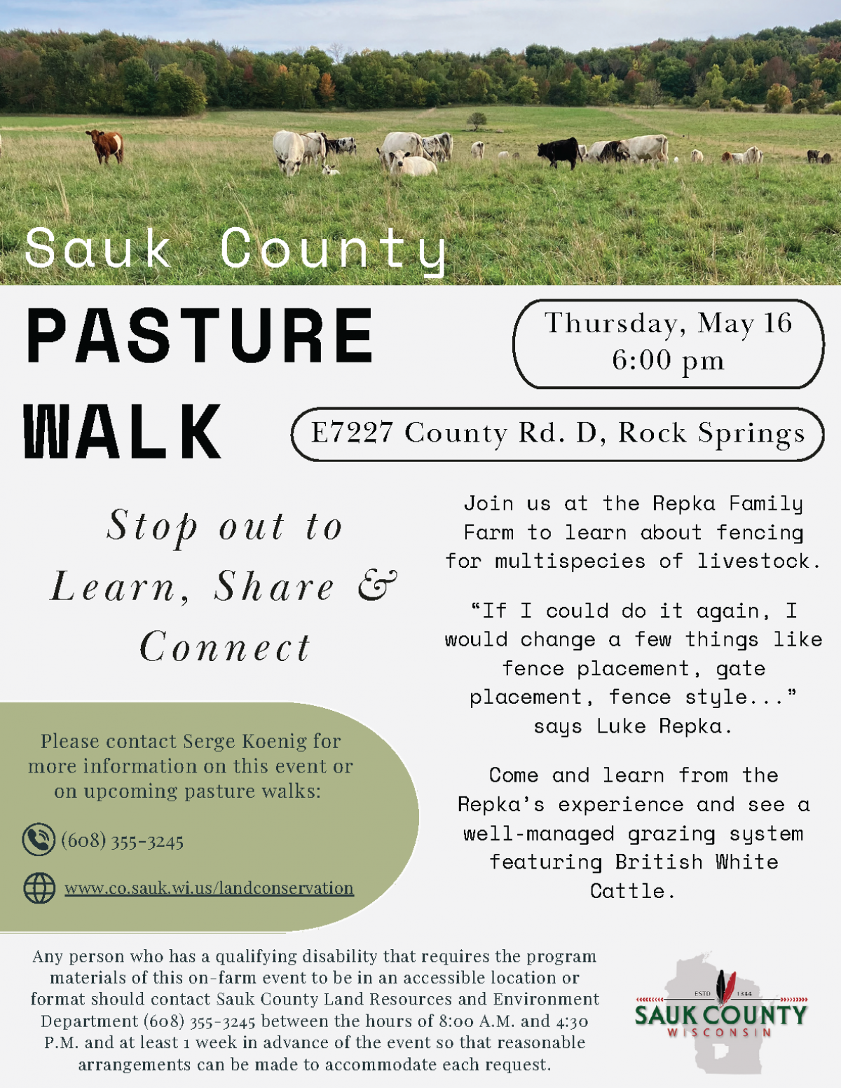 May 16, Repka FarmPasture Walk Event Flyer