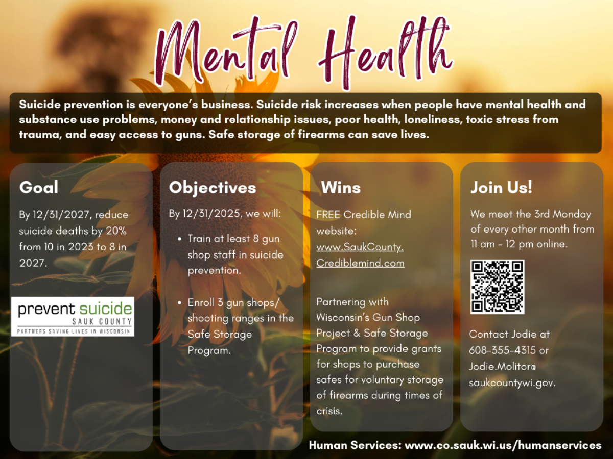 Photo of Suicide Prevention goals, objectives, wins and an invitation to join Prevent Suicide Sauk County.