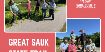 Great Sauk State Trail Update! Great Sauk State Trail update showing a group of 5 pointing towards water and posing by the trail