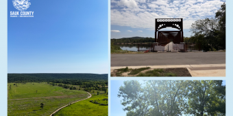 Photos showing a long trail winding through grass, the entrance to a large truss bridge, and picnic tables under tree shade