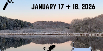 Looking across White Mound Lake with snowy trees on the other side and a pier in the front, with text about the event