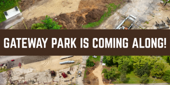 Gateway Park is coming along, showing aerial photos of a construction site being dug out