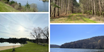 Text reads Happy Earth Day! Photo collage of lakes, forests, and park spaces taken at Sauk County Parks and properties
