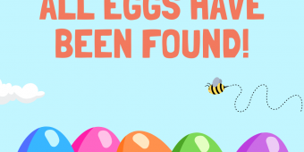 Text reads "all eggs have been found" with cartoon Easter eggs sitting in a patch of grass