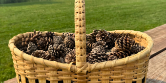 Guess How Many! A wicker picnic basket sits on a wood picnic table with text above: Guess how many! Complete rules and details are on this page.