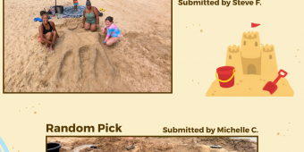 Sandcastle Skills event winners, one of a large deer outline made of sand, the other of a monster truck racetrack made of sand